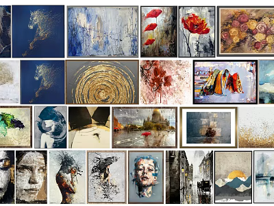 Various Styles Oil Paintings With Abstract Floral Landscape Portrait Themes And Colors 3d model