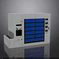 White Industrial Equipment Cabinet With Blue Control Panels And Operational Modules