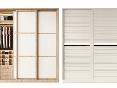 Modern Wooden And White Wardrobe With Sliding Doors And Storage Compartments 3d model