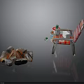 Outdoor Bonfire With Red White Striped Chair And Metal Canister Nearby