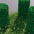 Lush Green Plant Wall With Three Columnar Structures Surrounded By Grass And Weeds 3d model