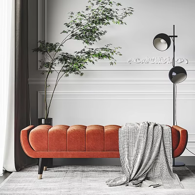 Orange Modern Ottoman with Gray Blanket Black Floor Lamp White Wall and Green Plant 3d model