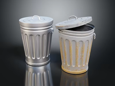 Metal Trash Cans For Home Use Silver And Rusty With Open Closed Lids 3d model