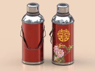 Traditional Red Thermos Flasks With Double Happiness And Flowers 3d model
