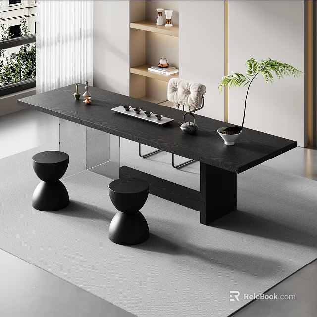 Modern Black Tea Table And Round Stools Set With Decorative Items Green Plant 3d model 
