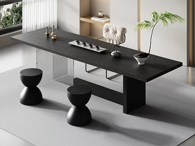 Modern Black Tea Table And Round Stools Set With Decorative Items Green Plant 3d model