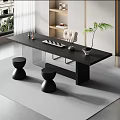 Modern Black Tea Table And Round Stools Set With Decorative Items Green Plant