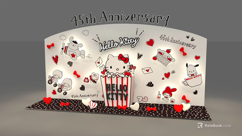45th Anniversary Hello Kitty City Decorations With Hearts And Cartoon Characters 3d model 