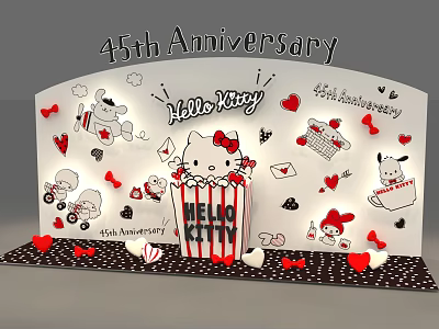 45th Anniversary Hello Kitty City Decorations With Hearts And Cartoon Characters 3d model