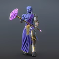 Game and Movie Character Blue Skinned with Crown Purple Robe Golden Accents and Pink Crystal Staff