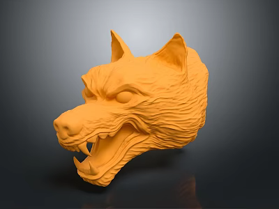 Orange Wolf Head Sculpture Featuring Detailed Texture Open Mouth And Sharp Teeth 3d model