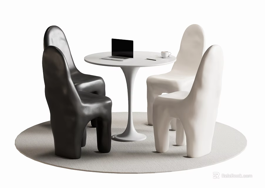 Modern Table and Chair Set with White Round Table Black White Chairs Laptop and Cup 3d model 