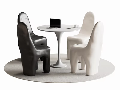 Modern Table and Chair Set with White Round Table Black White Chairs Laptop and Cup 3d model