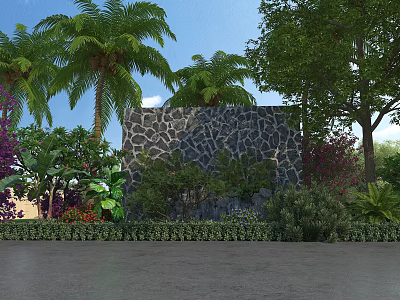 Natural Stone Feature Wall in Garden Landscape With Palm Trees and Colorful Plants 3d model