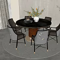 Modern Round Dining Table Set with Gray Dark Brown Chairs Wooden Metal Legs Vase Flowers