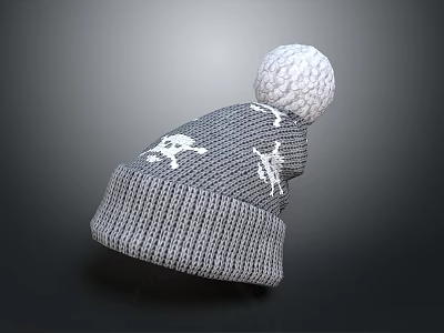 Gray Knitted Beanie With White Patterns And Top White Pom Pom Design 3d model