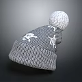 Gray Knitted Beanie With White Patterns And Top White Pom Pom Design 3d model