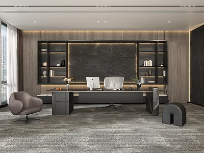 Modern Executive Office Interior Featuring Desk Chair Bookshelves Marble Wall Carpet And Windows 3d model