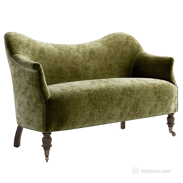 Green Velvet Two Seater Sofa With Curved Back And Wooden Legs 3d model