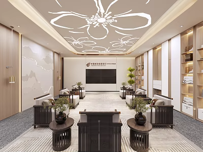 Hotel Public Lounge Area Interior With Elegant Ceiling Flower Patterns Green Plants And Coffee Tables 3d model