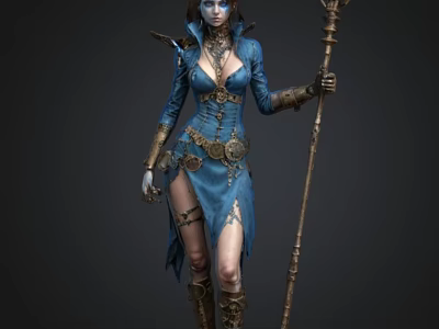 Fantasy Female Character In Blue Outfit With Staff And Metallic Decorations 3d model