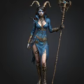 Fantasy Female Character In Blue Outfit With Staff And Metallic Decorations