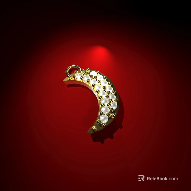 Elegant Golden Crescent Jewelry Pendant With White Gemstones On Red Background 3d model 