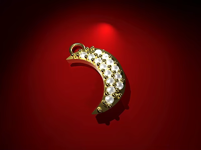 Elegant Golden Crescent Jewelry Pendant With White Gemstones On Red Background 3d model