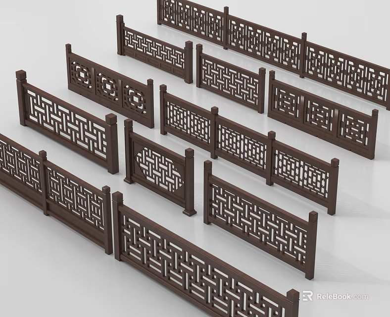 Dark Colored Wooden Railings With Intricate Openwork Patterns Arranged On White Background 3d model 
