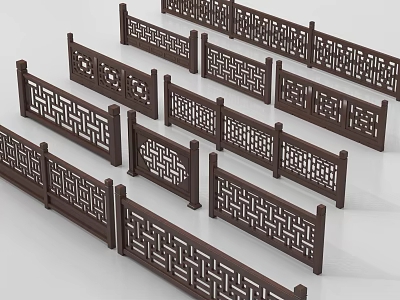 Dark Colored Wooden Railings With Intricate Openwork Patterns Arranged On White Background 3d model