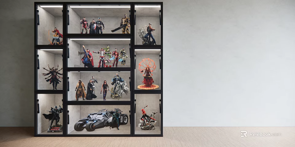 Modern Display Cabinet With LED Lighting Showcasing Action Figures And Car Models 3d model