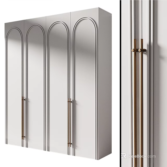 Modern White Wardrobe With Arched Top Doors And Brass Long Handles 3d model 
