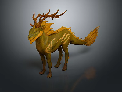 Game Movie Fantasy Dragon Character With Deer Antlers Yellow Green Scales Flame Mane 3d model