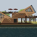 Rural Landscape Featuring Modern Wooden Building Sloped Roof Staircase Tall Grass Palm Trees Water Area