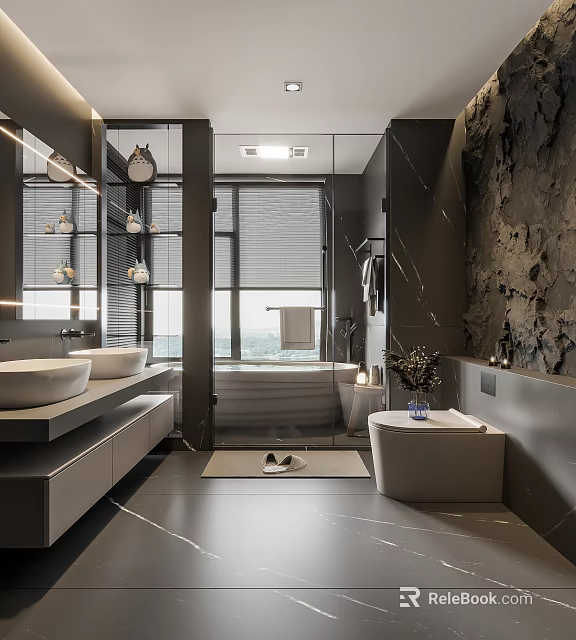 Elegant Modern Bathroom Interior With Double Sinks Bathtub Marble Countertops Window Blinds Cabinets And Plant 3d model 