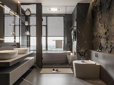 Elegant Modern Bathroom Interior With Double Sinks Bathtub Marble Countertops Window Blinds Cabinets And Plant 3d model