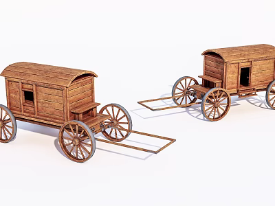 Two Vintage Wooden Horse Drawn Carriages With Spoked Wheels And Cabin Design 3d model