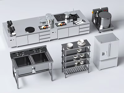 Stainless Steel Kitchenware Collection With Countertop Sink Shelf Refrigerator Pans And Dishes 3d model