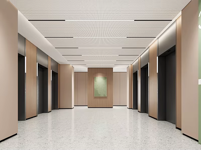 Modern Elevator Lobby Interior Design With Multiple Doors Neutral Walls And Ceiling Lines 3d model
