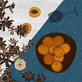 Fresh Ripe Apricots in Wooden Bowl on Blue Table with Wine Glass and Dried Plants