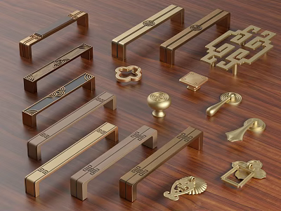 Various Brass Furniture Handles Displayed On Wooden Table With Decorative Patterns And Shapes 3d model