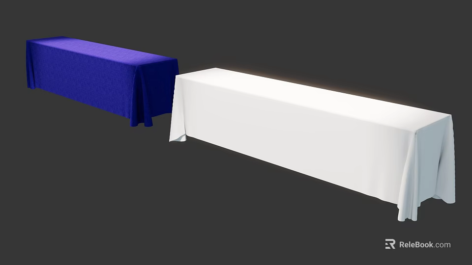 Neat Tea Break Area With Long Tables Draped In Blue And White Tablecloths 3d model 