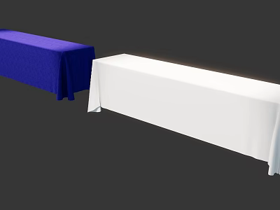 Neat Tea Break Area With Long Tables Draped In Blue And White Tablecloths 3d model