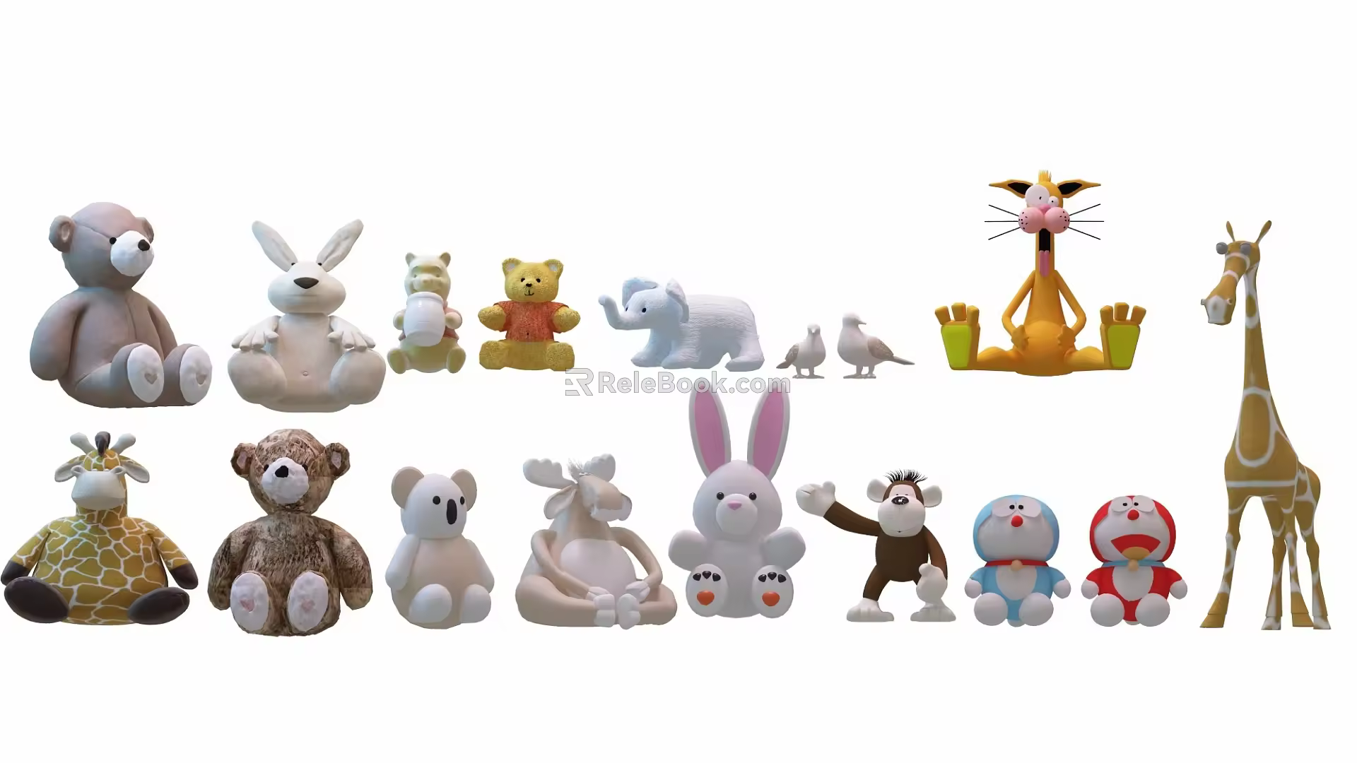 Doll Combination Children's Toy Bear Rabbit Deer Zebra Bird Elephant Hippo Monkey Giraffe Ding Dang Cat Doraemon 3d model