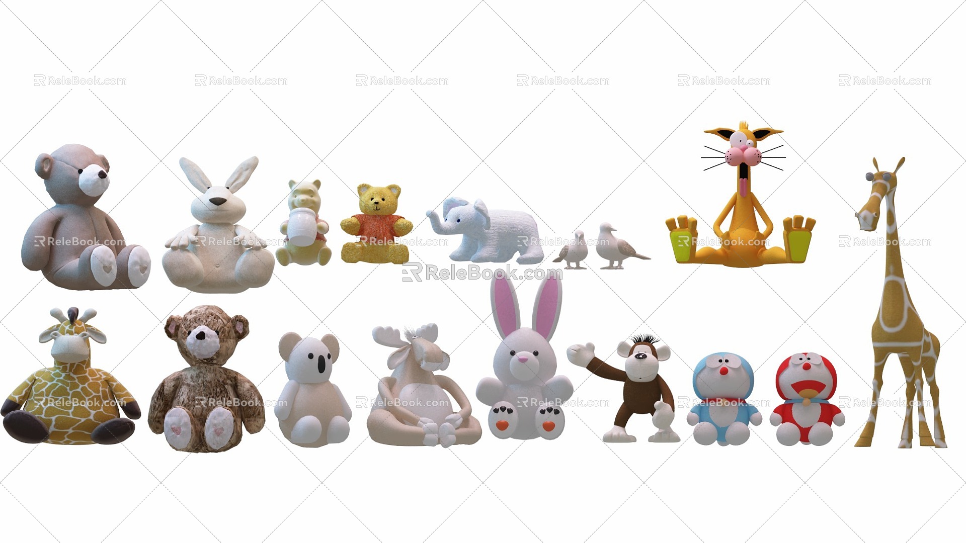 Doll Combination Children's Toy Bear Bear Rabbit Deer Zebra Bird Elephant Hippo Monkey Giraffe Ding Dang Cat Doraemon 3d model