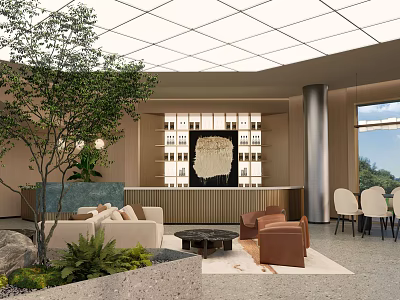 Modern Hotel Public Lounge Area With Beige Brown Sofas Green Plants And Window View 3d model