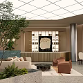 Modern Hotel Public Lounge Area With Beige Brown Sofas Green Plants And Window View