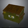 Rustic Green Waste Dumpster With Brown Lid Wheels And Management Label