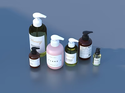 Assorted Daily Life Products with Various Sizes Colors Pump Designs and Labels on Blue Background 3d model