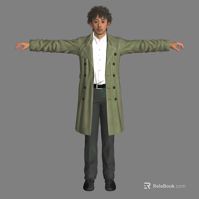 Man In Green Long Coat White Shirt And Dark Pants With Arms Outstretched 3d model 